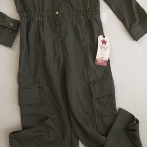 Vanilla Star Olive Green Cargo Utility Jumpsuit. GIRLS